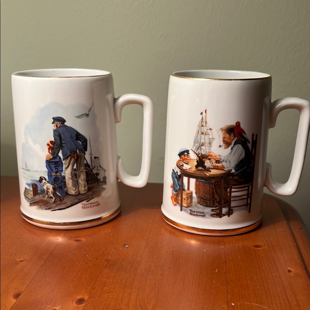 Norman Rockwell White Ceramic  Mugs with Americana Illustrations